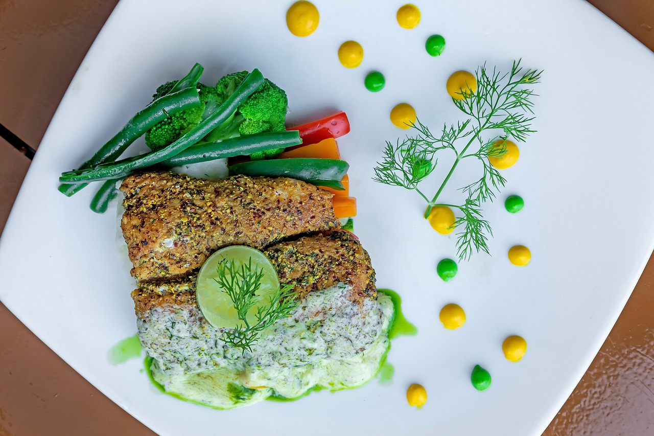 Gourmet dish, food photography, top view.